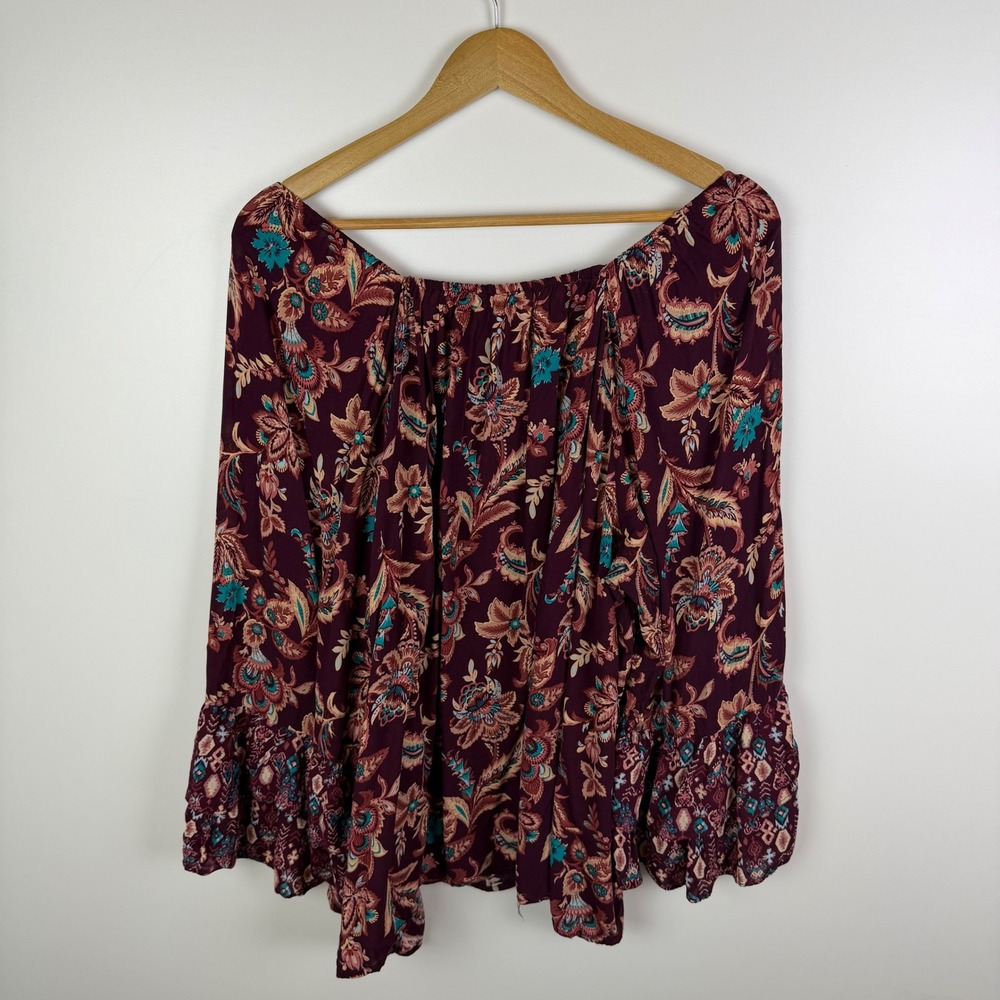 Cato Boho Floral Peasant Bell Sleeve Blouse Size 22/24W Burgundy Lightweight - Picture 4 of 9